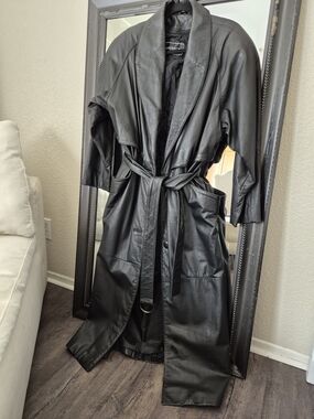 90s Vintage Long Black Leather Belted Trench Coat